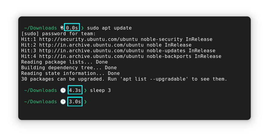 Command execution duration in Bash_it "barbuk" theme. Here, the minimum time settings was one seconds.